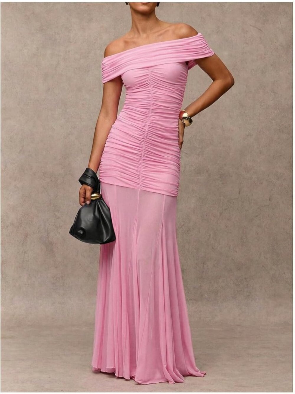 Women's Pink Statement Off Shoulder Ruched Mesh Formal Corset Dress - Picture 3 of 7
